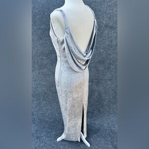Lillie Rubin Vtg 90s Column Gown Dress Open Back Gray Velvet Metallic Small